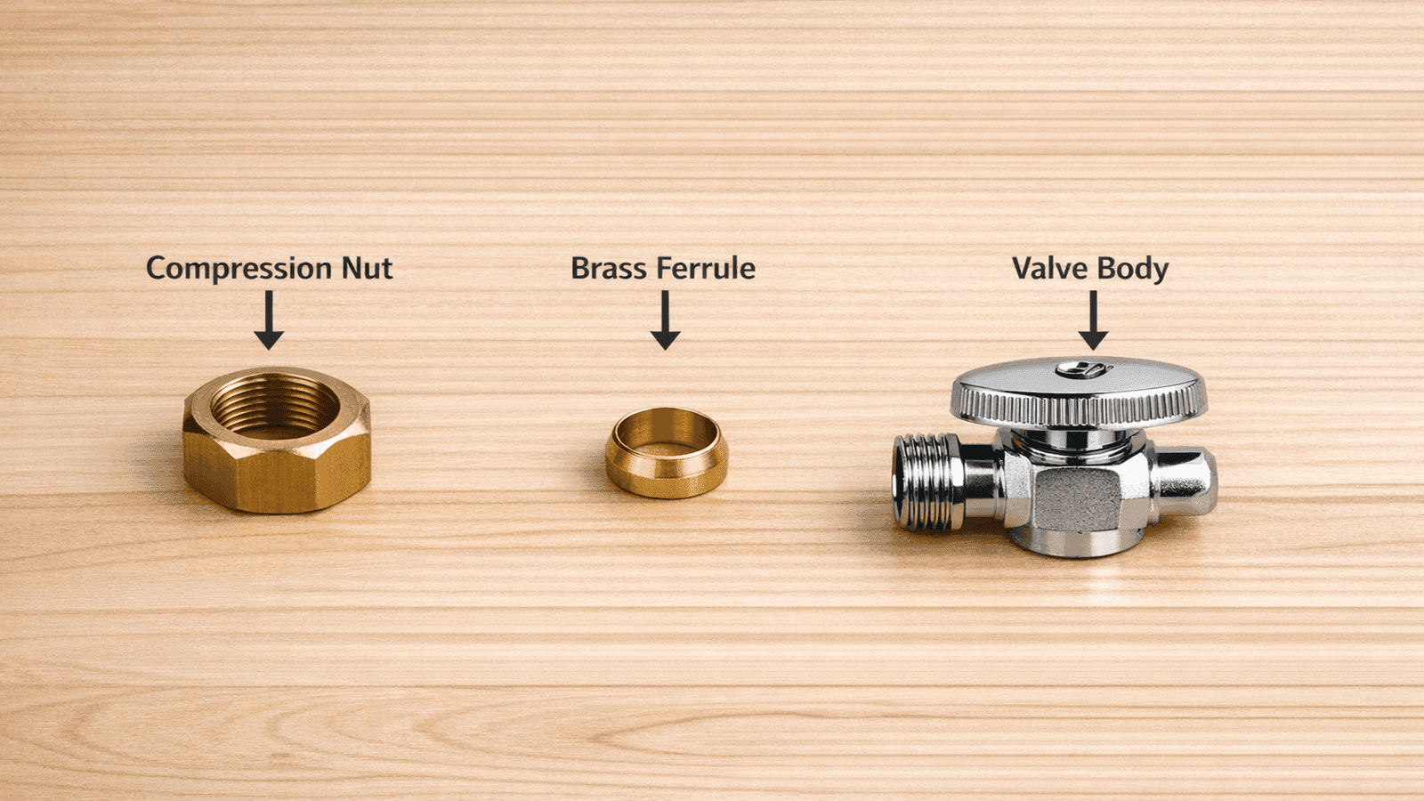 Compression nut, brass ferrule, and angle stop valve body laid out left to right in assembly order on workbench with labeled callouts