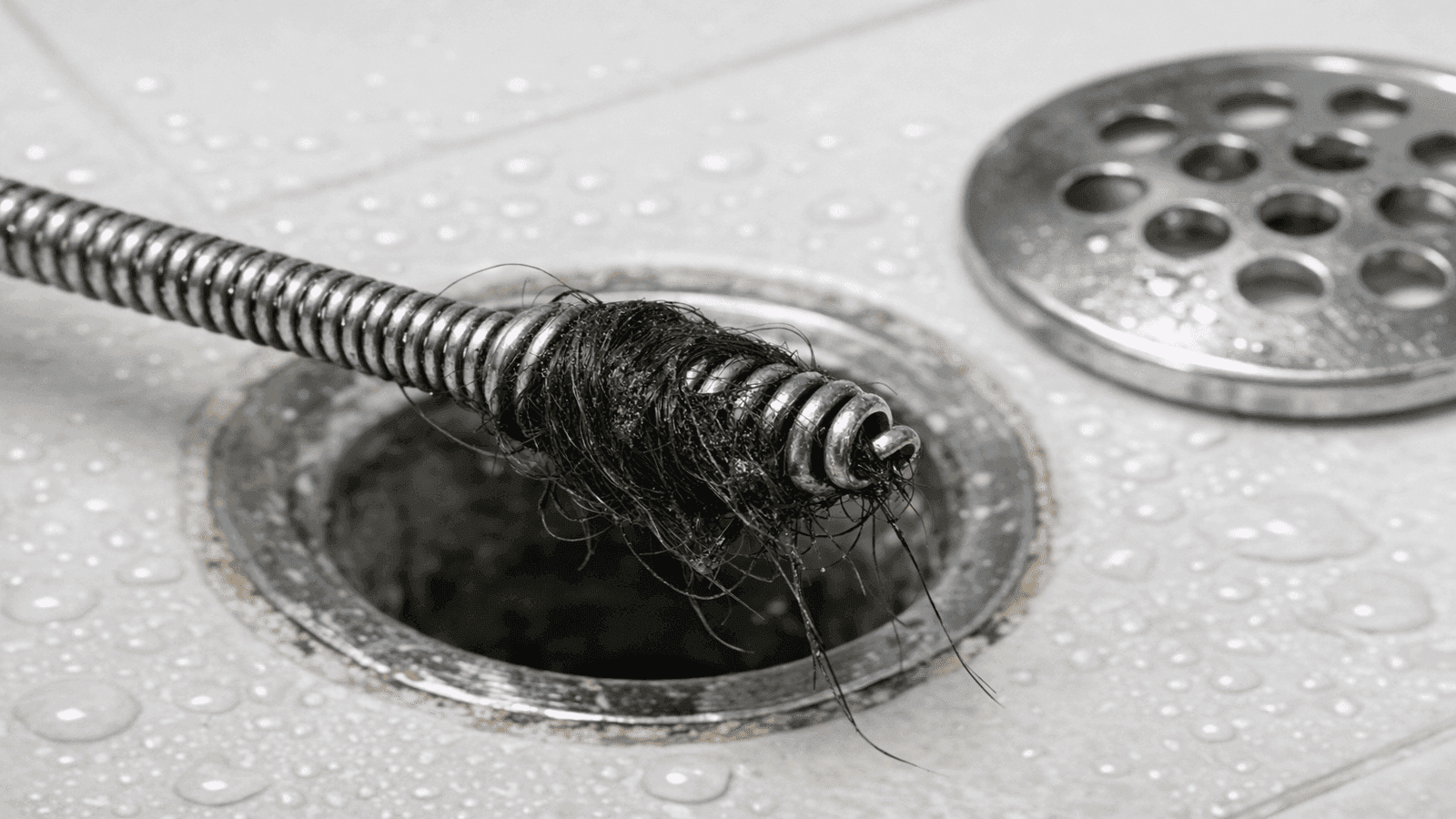 Close-up of drain snake cable inserted into a shower drain with the cover removed and a hair clog visible wrapped around the cable tip