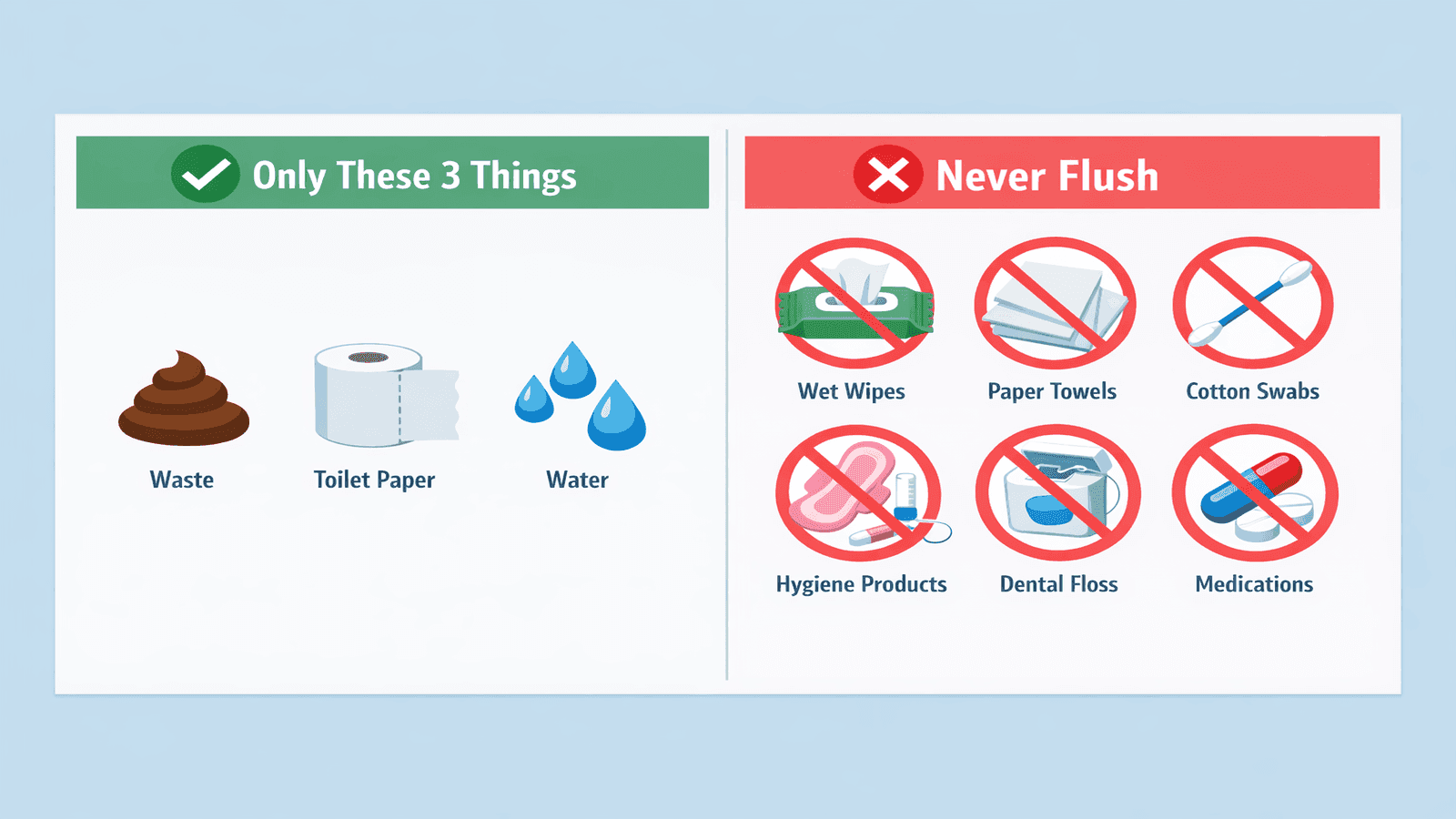 Infographic split into two panels: left panel shows only three safe items to flush (human waste, toilet paper, water) and right panel shows a crossed-out list of items that should never be flushed including wipes, paper towels, and cotton swabs