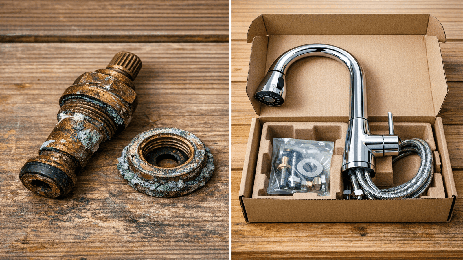 Corroded compression faucet stem with a deeply grooved valve seat on the left, new boxed replacement kitchen faucet on the right, side by side on a workbench