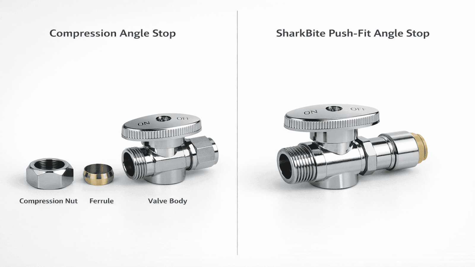 Side-by-side comparison of traditional compression valve assembly with separate nut and ferrule on the left versus single-body SharkBite push-fit valve on the right