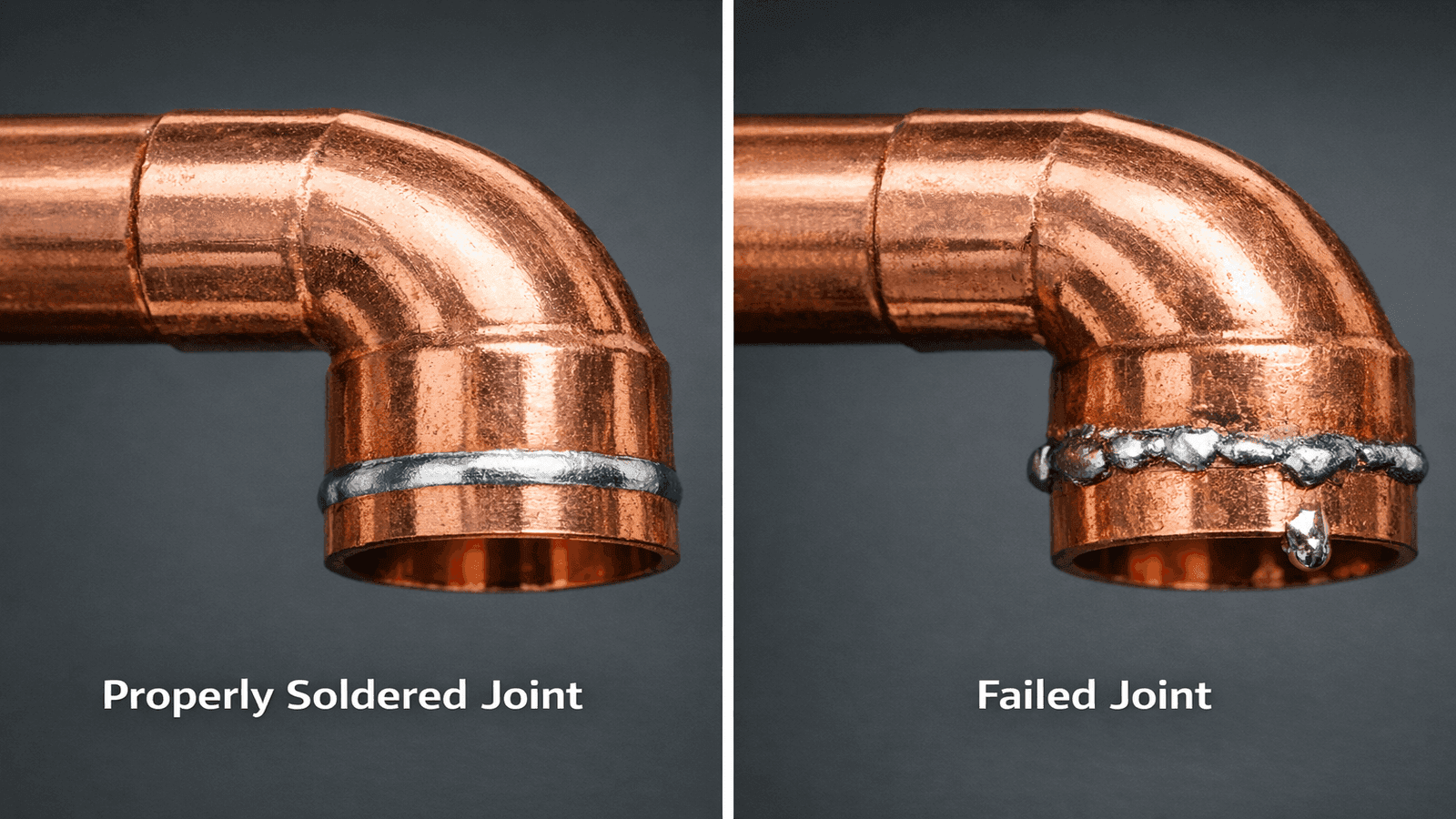 Side-by-side comparison of a properly soldered copper joint with a clean uniform silver ring on the left versus a failed joint with beaded solder and gaps on the right