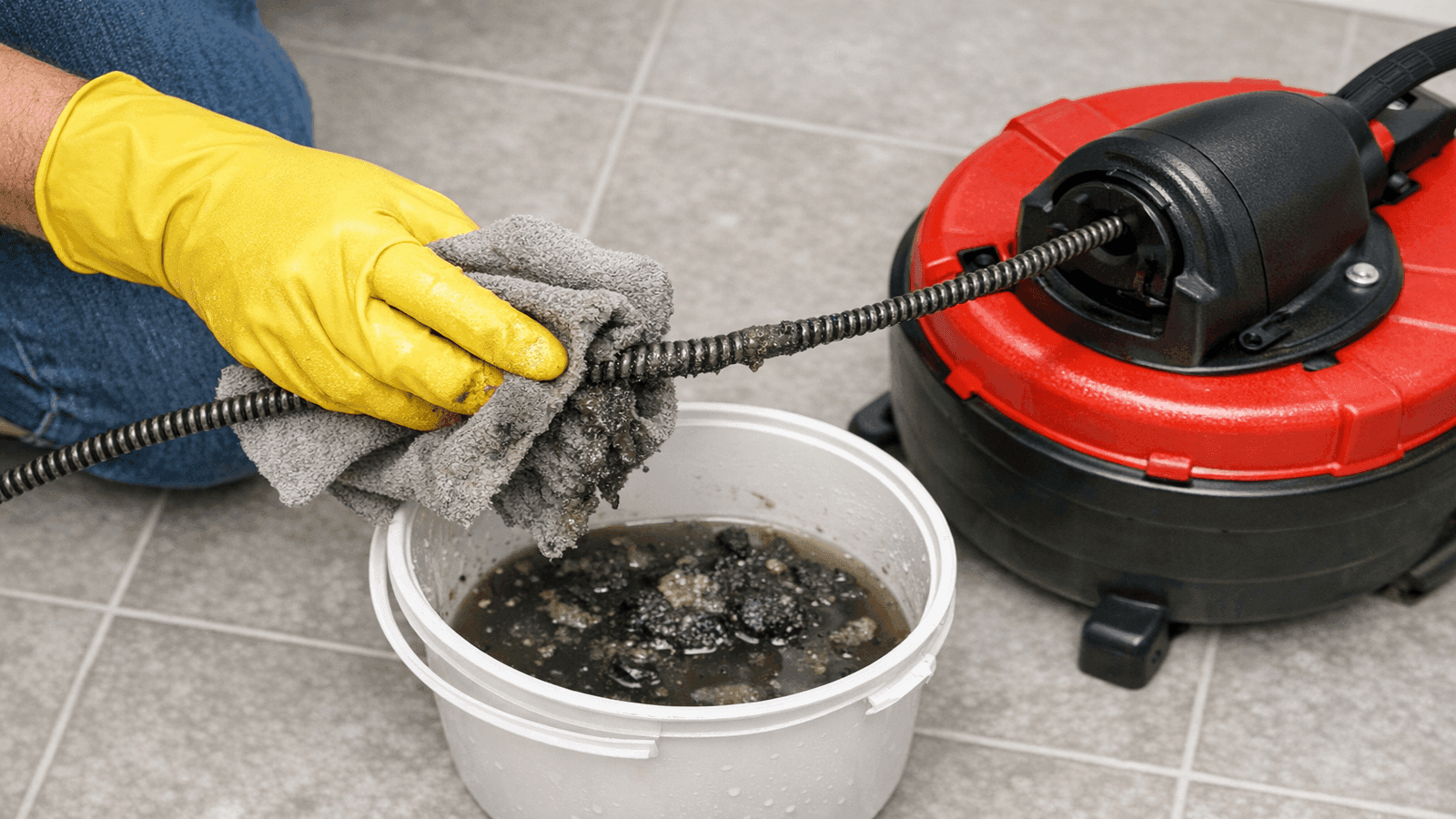 Homeowner wiping a drain snake cable clean with a rag as it is retracted into the drum, with a bucket of debris nearby on the bathroom floor