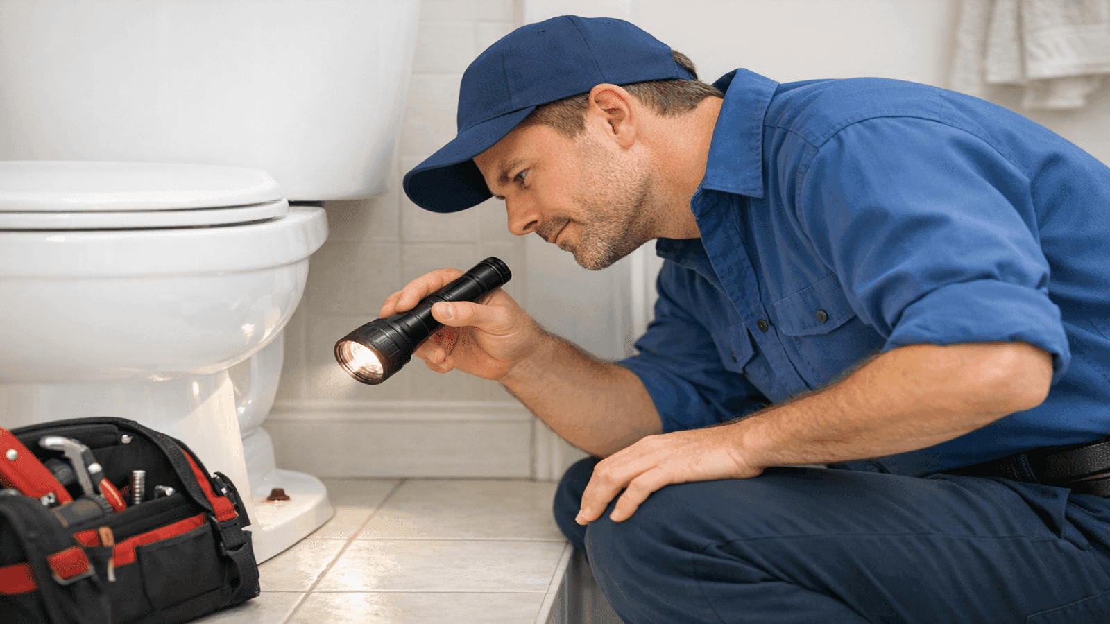 Licensed plumber in blue work uniform crouching beside a toilet base and examining the floor flange connection with a flashlight during a professional service call