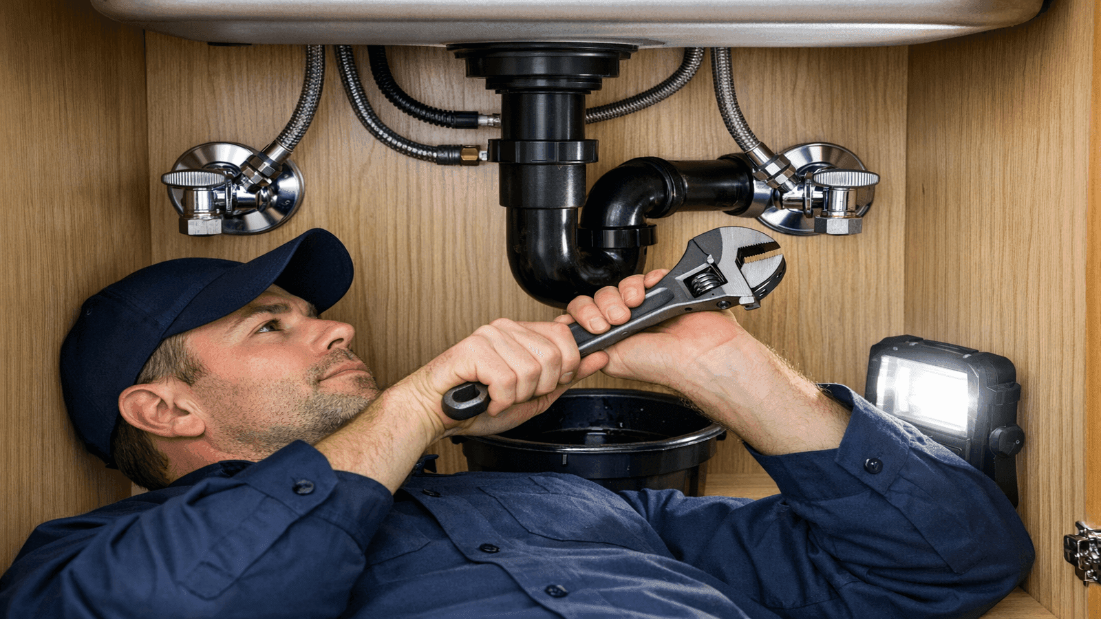 Licensed plumber working underneath a kitchen sink with both angle stop shutoff valves closed, using a wrench to repair the faucet supply connection