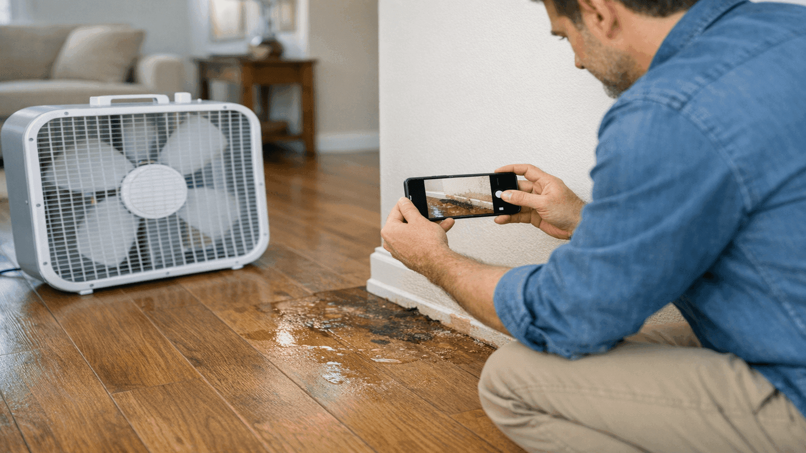 Homeowner photographing water damage on hardwood flooring with a smartphone while a box fan runs nearby to begin the drying process