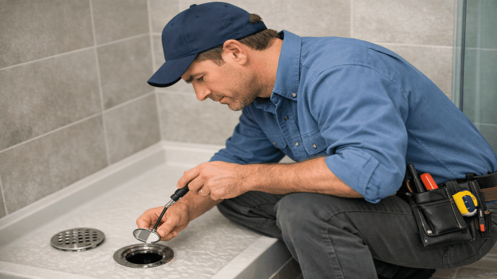 Licensed plumber crouching beside a shower drain holding an inspection camera tool in a residential bathroom