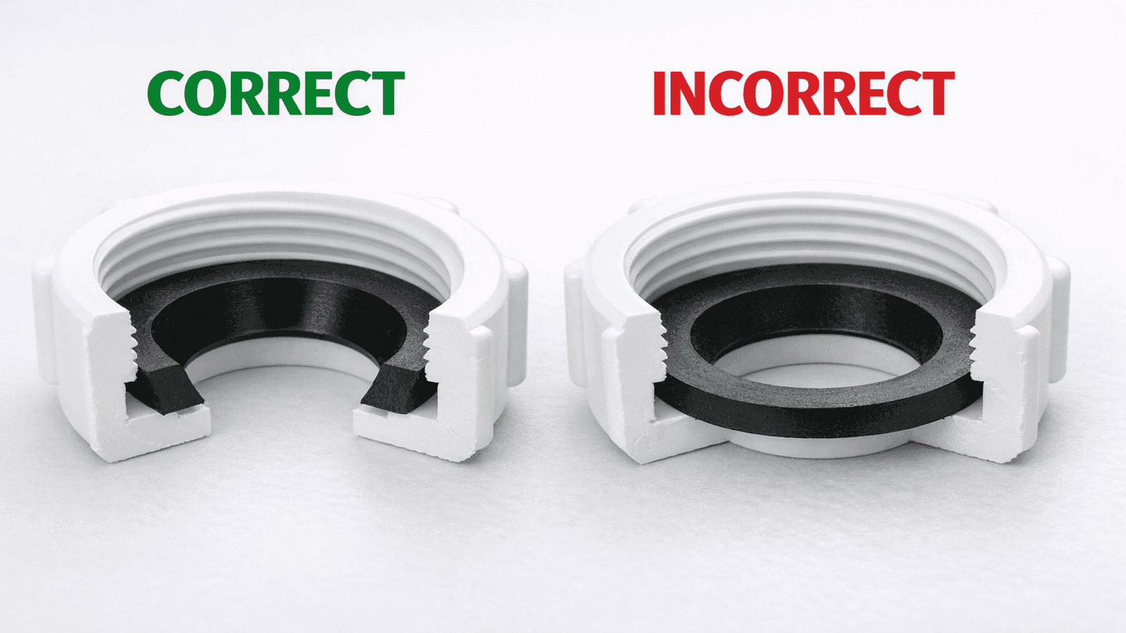 Side-by-side close-up of two slip-joint nuts showing correct beveled washer orientation with taper facing the fitting on the left, and incorrect reversed washer orientation on the right, labeled with green Correct and red Incorrect text