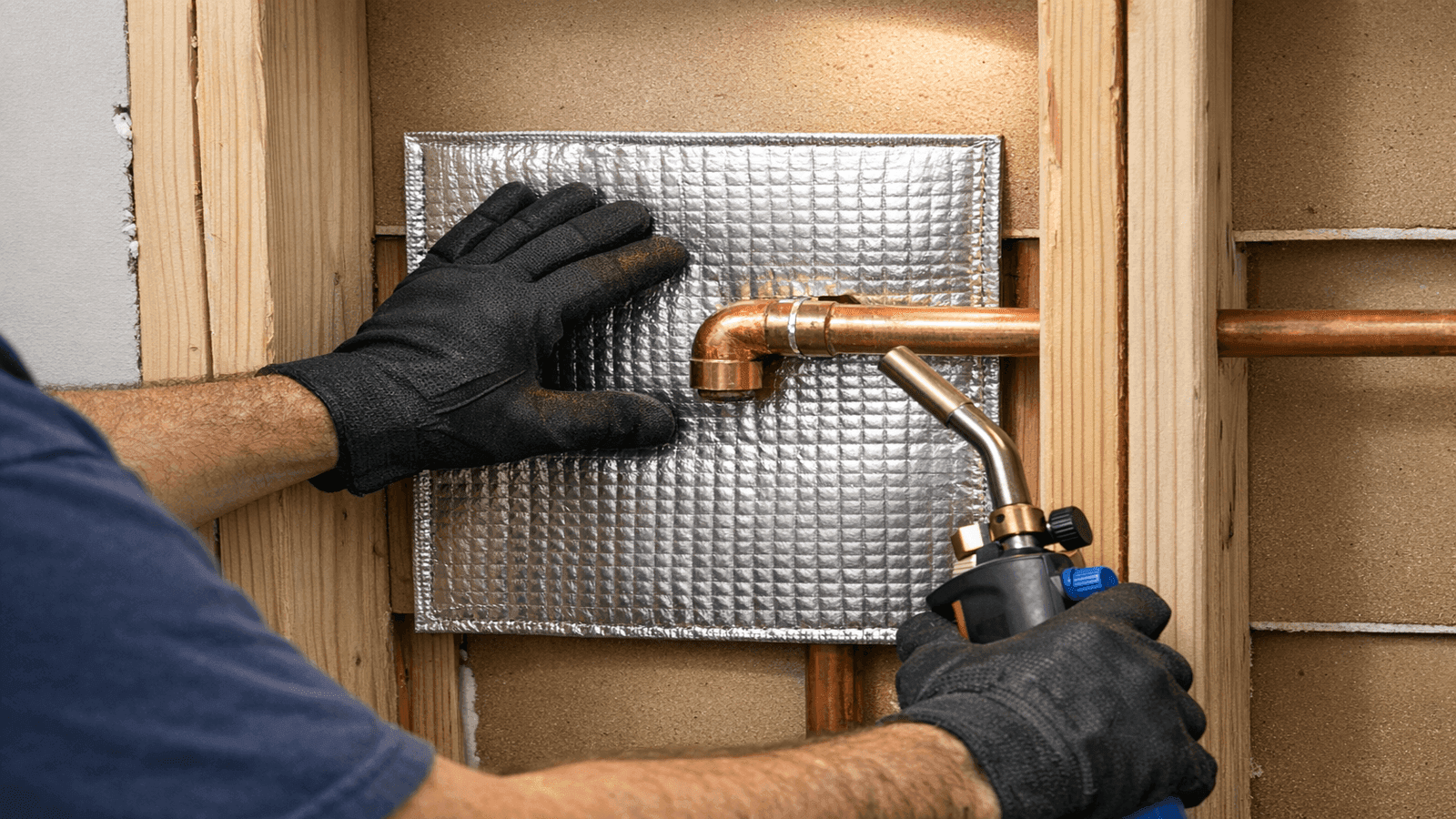 A plumber positioning a silver fire-resistant heat shield pad against a wood wall stud directly behind a copper pipe fitting before applying a torch in a wall cavity