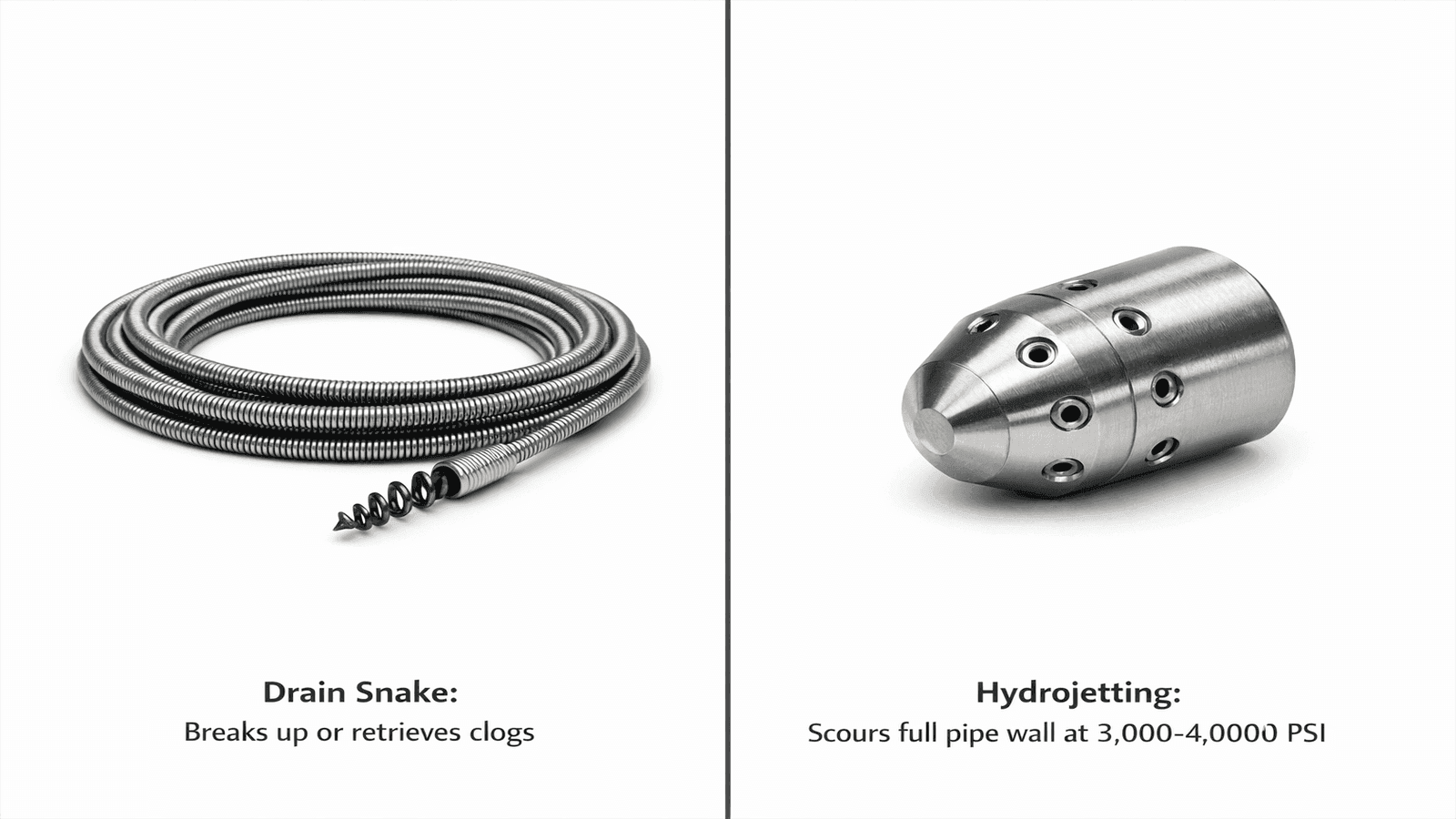 Split image showing a drain snake cable on the left and a hydrojetting nozzle on the right with labels explaining the difference in application for each tool