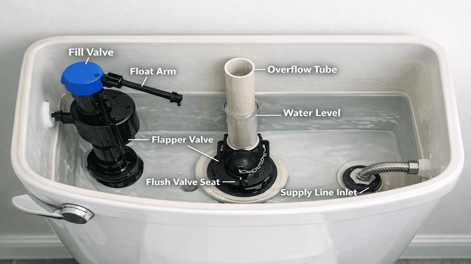 Interior of an open toilet tank with fill valve, float, overflow tube, flapper, and supply line inlet all labeled