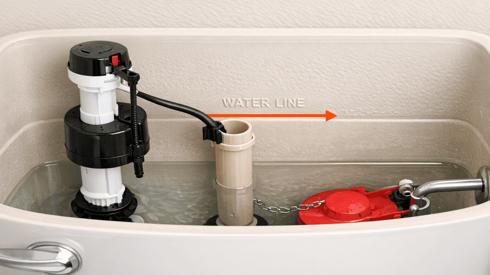 Inside toilet tank showing installed Fluidmaster 400A fill valve with refill tube clipped to overflow tube rim and water level marked 1 inch below overflow tube top