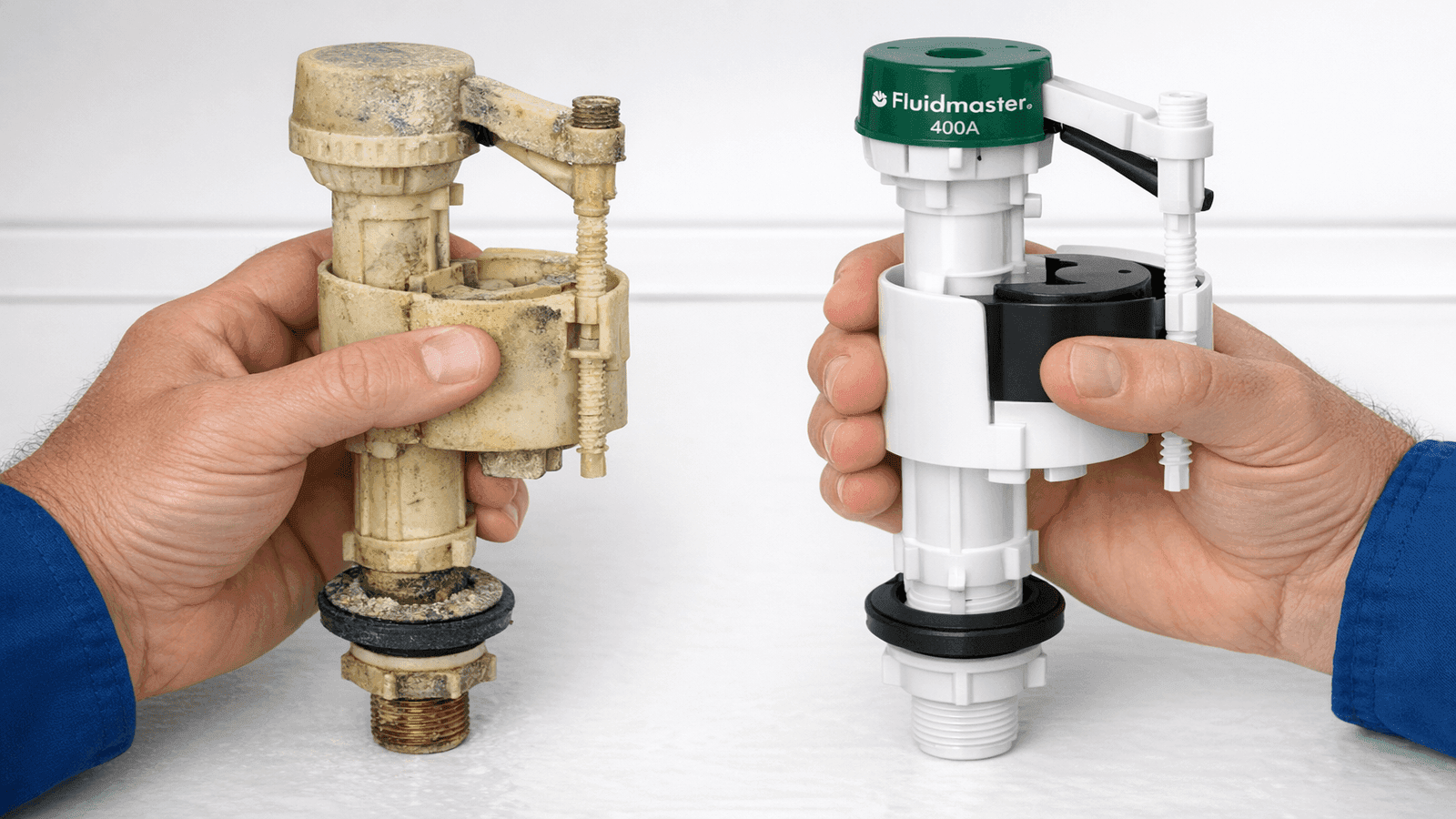 Plumber holding old deteriorated toilet fill valve next to a new Fluidmaster 400A fill valve for side-by-side comparison