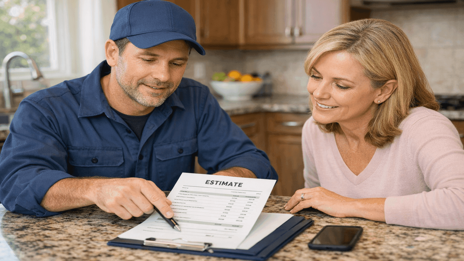 Licensed plumber reviewing a written estimate with a homeowner at a kitchen counter