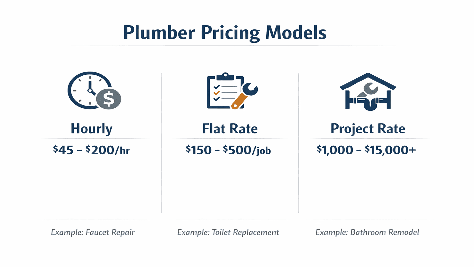 Infographic showing three plumber pricing models: hourly, flat rate, and project rate with cost ranges