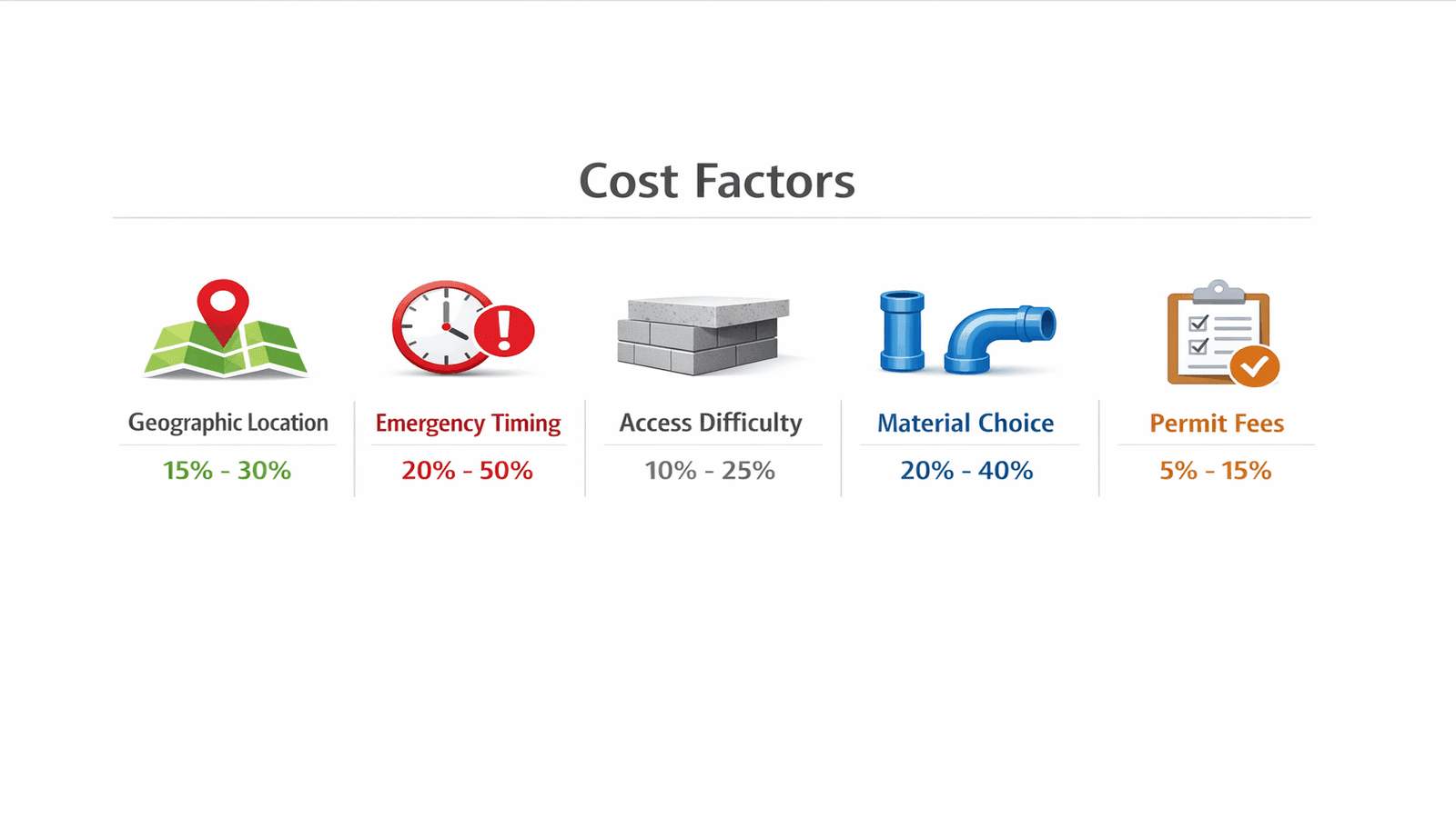 Infographic showing 5 factors that affect plumbing costs: location, timing, access, materials, and permits