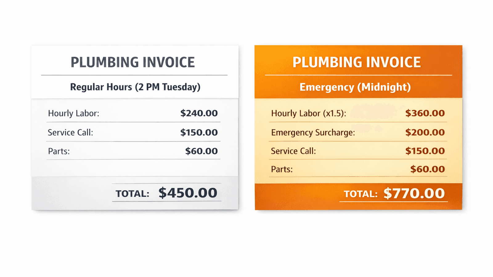 Side-by-side comparison of a regular-hours plumbing bill versus an emergency after-hours bill showing the surcharge breakdown