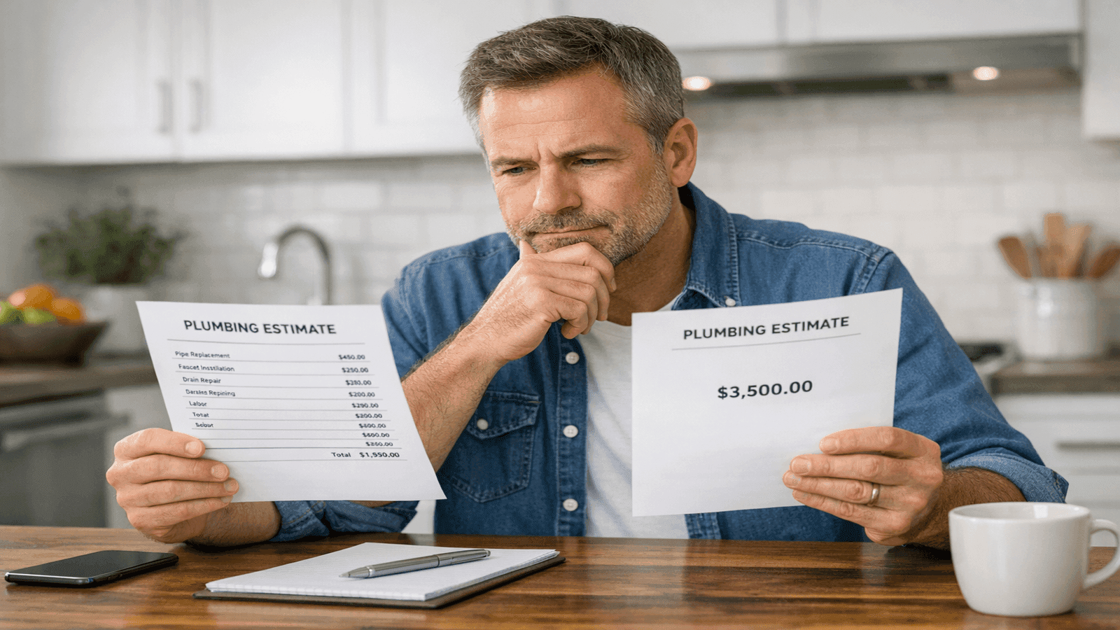 Homeowner sitting at kitchen table comparing two plumbing estimates, one detailed and itemized, one vague