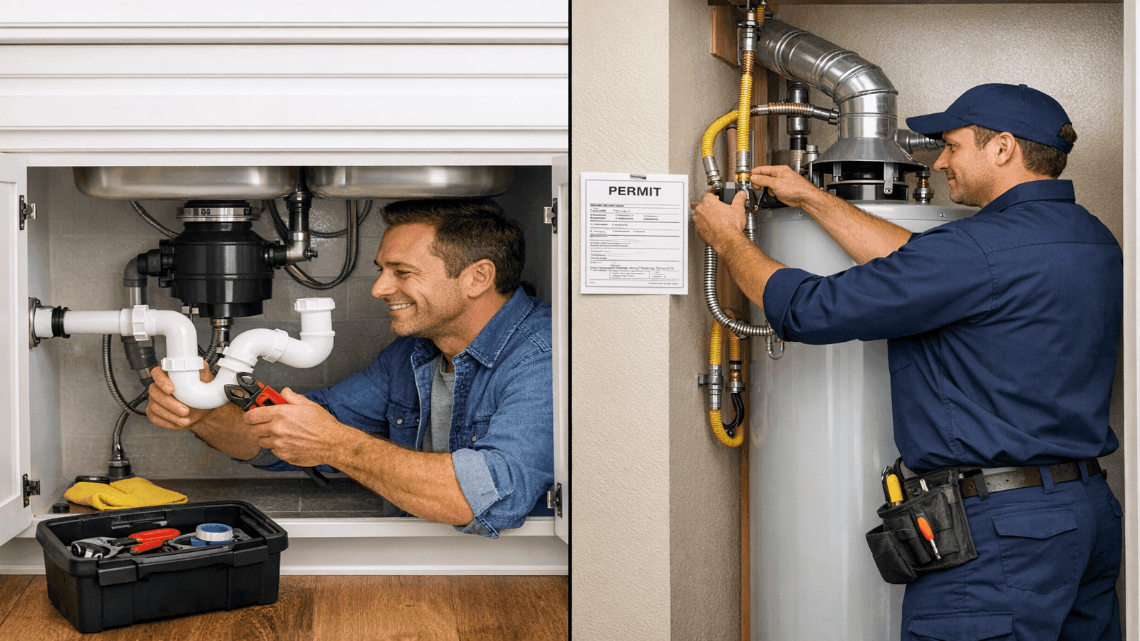 Split image showing a homeowner safely replacing a p-trap on the left versus a licensed plumber installing a water heater on the right