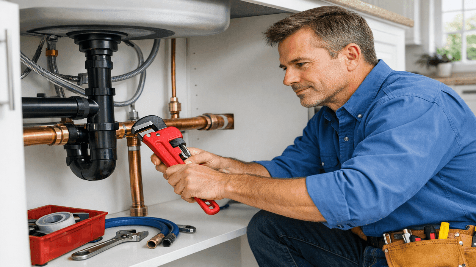 Licensed plumber working under a kitchen sink with copper pipe fittings and a wrench, representing typical residential plumbing service billed by the hour
