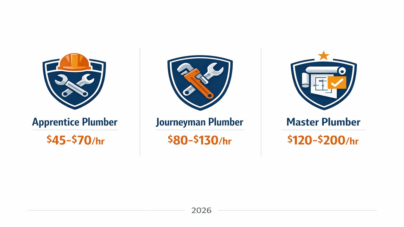 Infographic comparing apprentice, journeyman, and master plumber hourly rates in 2026: $45-$70, $80-$130, and $120-$200 per hour respectively