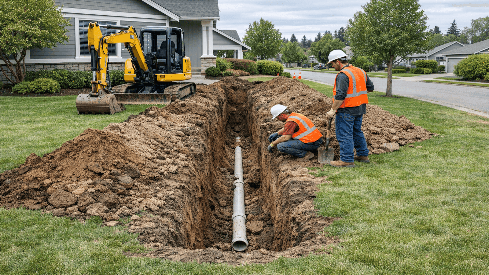 Mini excavator digging a trench for sewer line replacement in a residential front yard