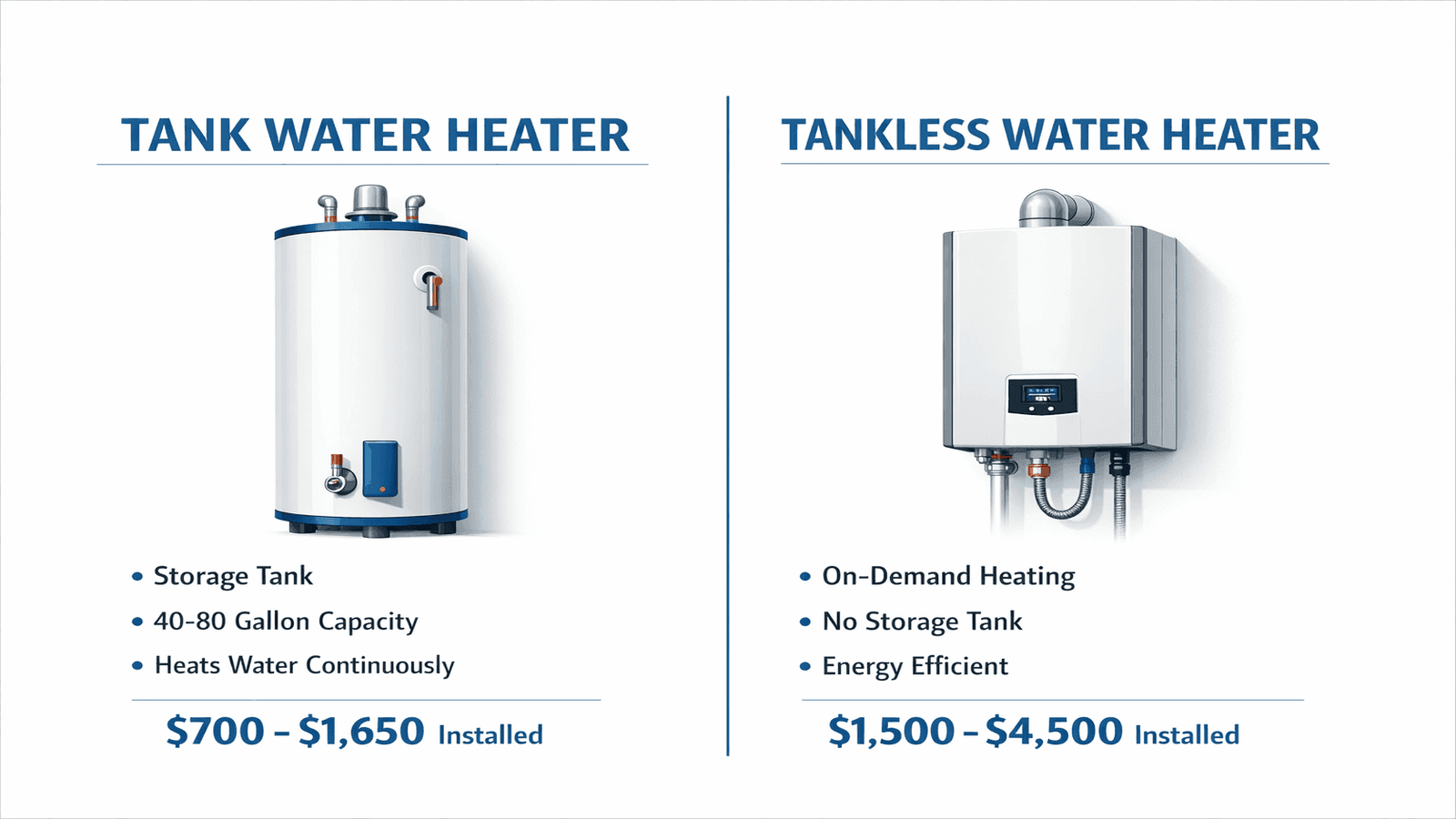Side-by-side comparison of tank versus tankless water heater costs and specifications