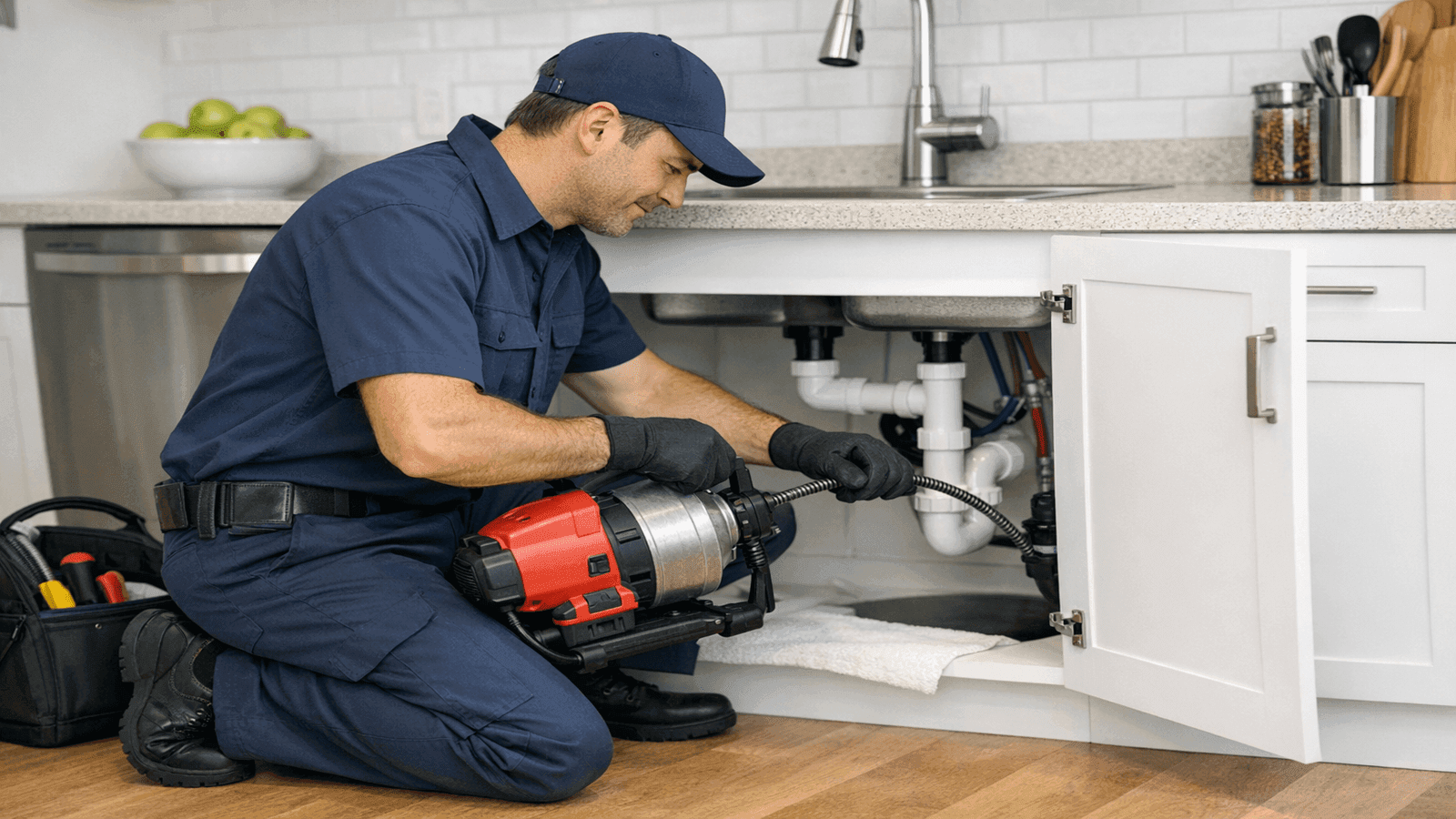 Licensed plumber performing professional drain cleaning service on kitchen sink drain