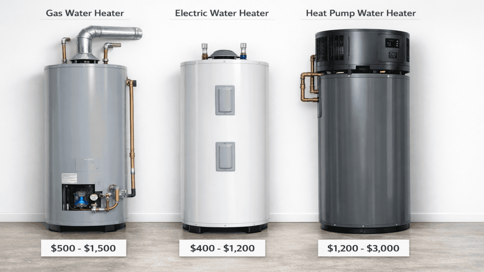 Three types of residential water heaters: gas tank, electric tank, and heat pump unit