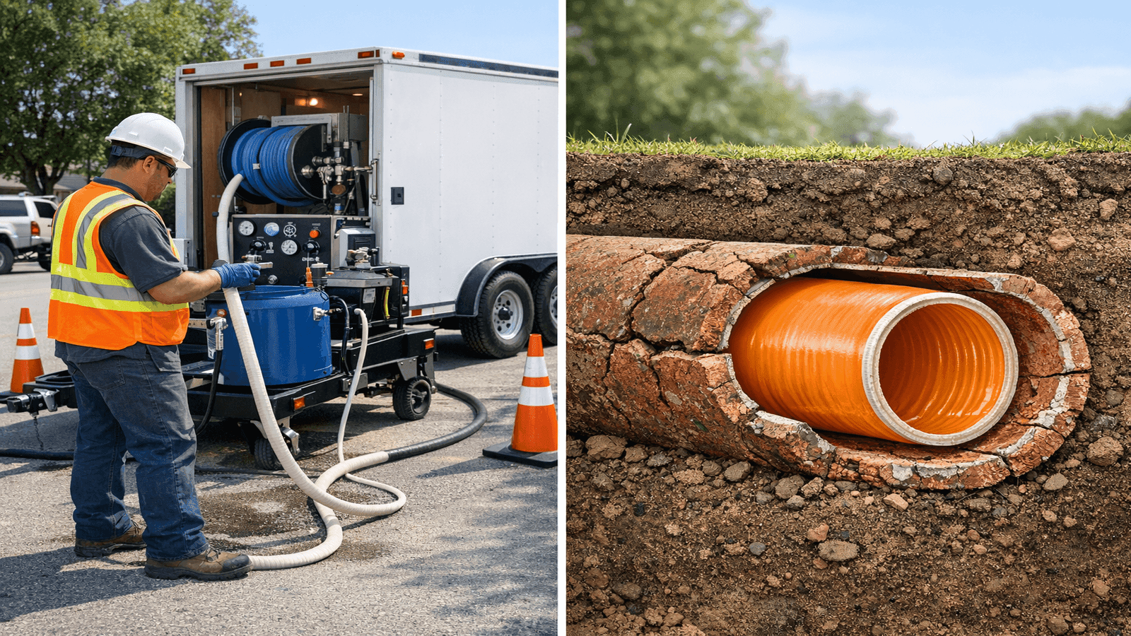 Technician operating CIPP trenchless pipe lining equipment with cross-section view of liner inside old sewer pipe