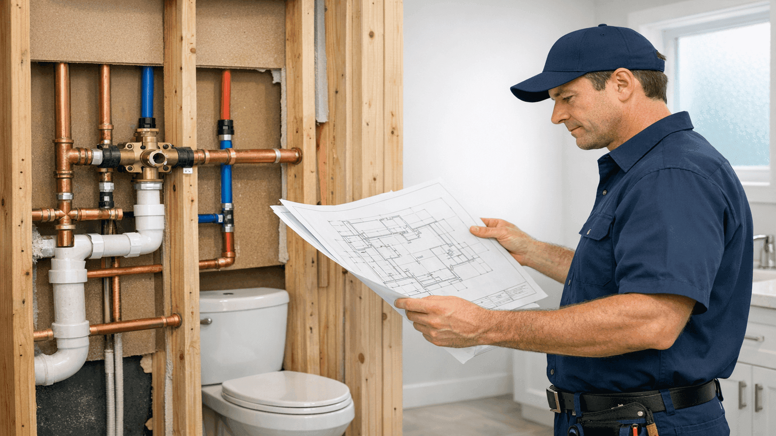 Licensed plumber reviewing plans during a bathroom remodel with exposed copper and PEX supply lines visible behind open wall studs