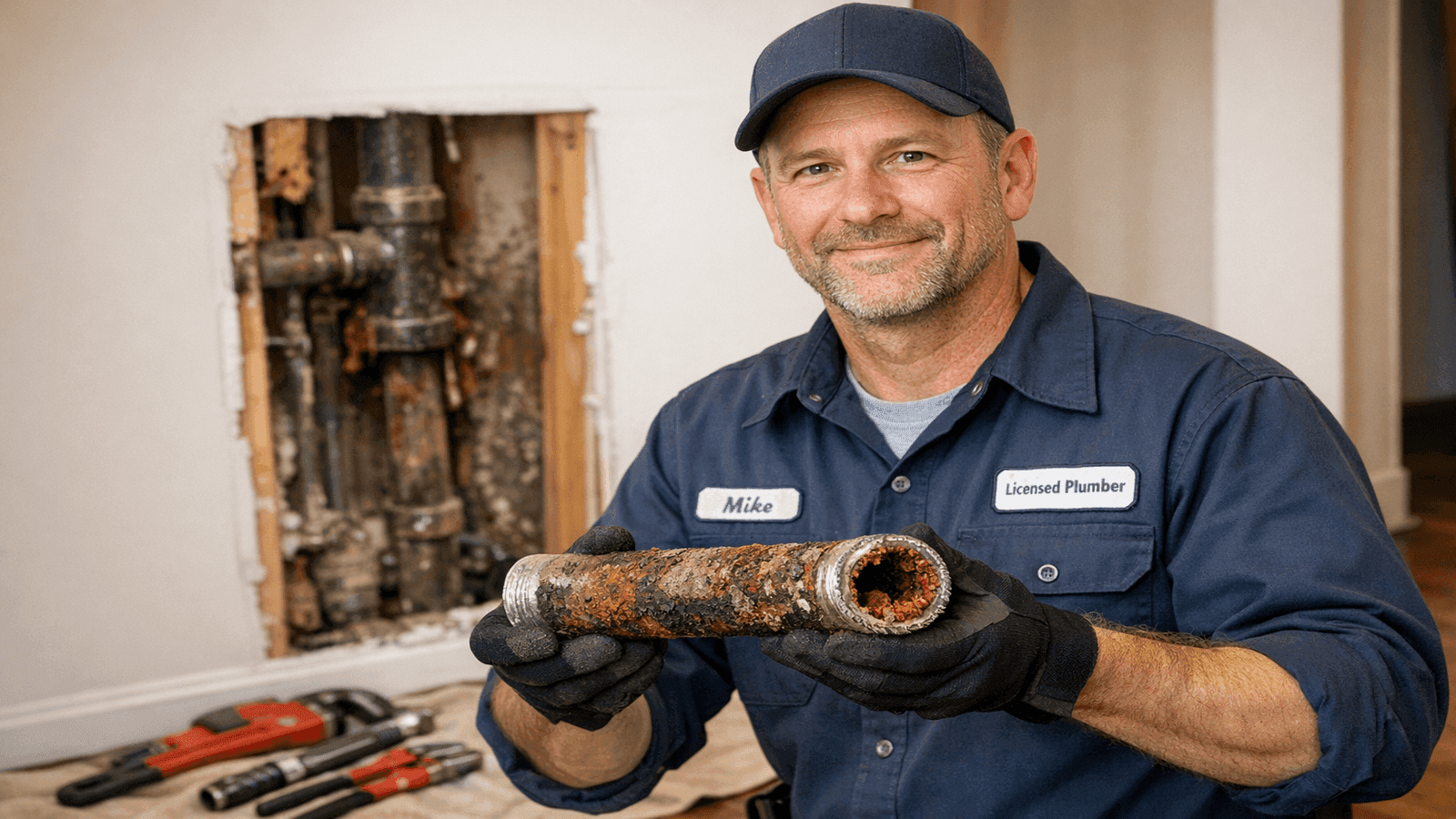 Licensed plumber holding corroded galvanized steel pipe removed during whole house repiping project