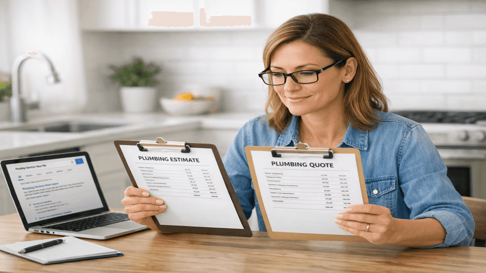 Homeowner reviewing and comparing two plumbing quotes on a clipboard at a kitchen table, representing the importance of getting multiple written estimates before hiring a plumber