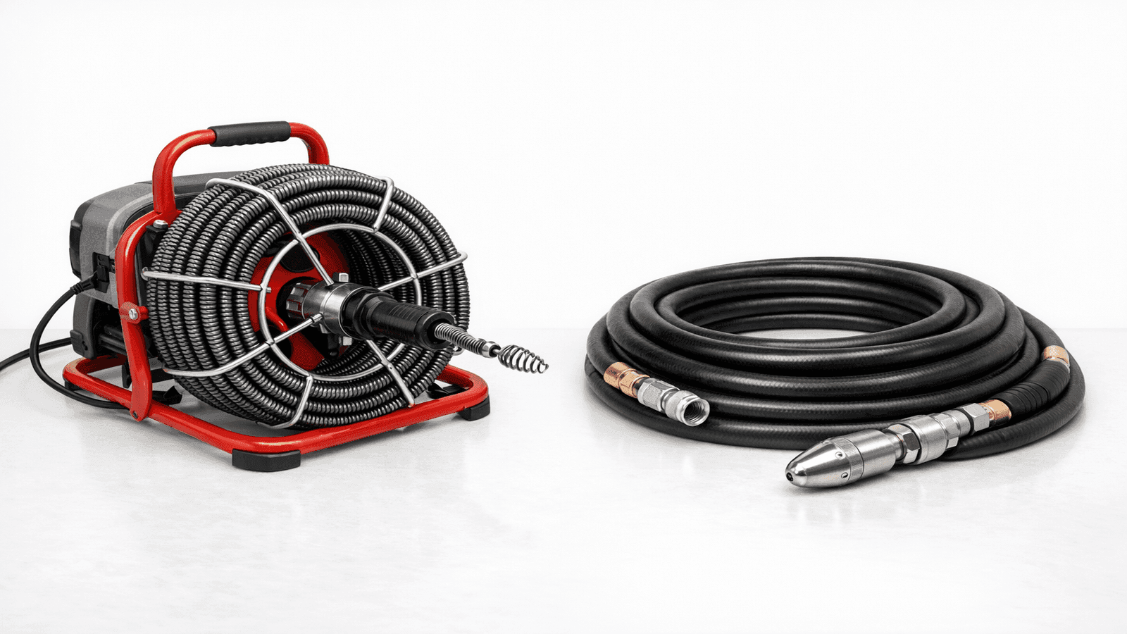 Professional drain snake auger and hydro jetting equipment side by side comparison