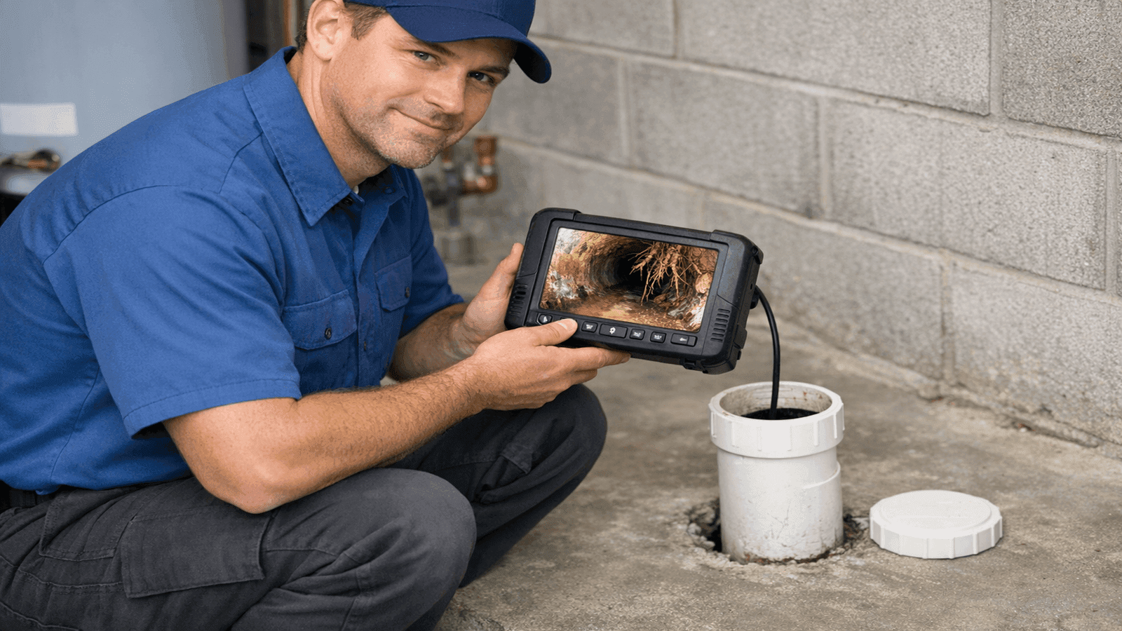 Plumber reviewing sewer camera inspection monitor showing root intrusion inside residential sewer pipe
