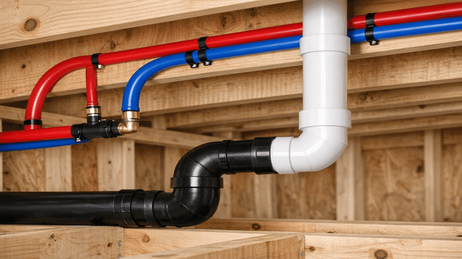 Bathroom rough-in plumbing showing red and blue PEX supply lines, black ABS drain pipe, and white PVC vent stack before drywall installation