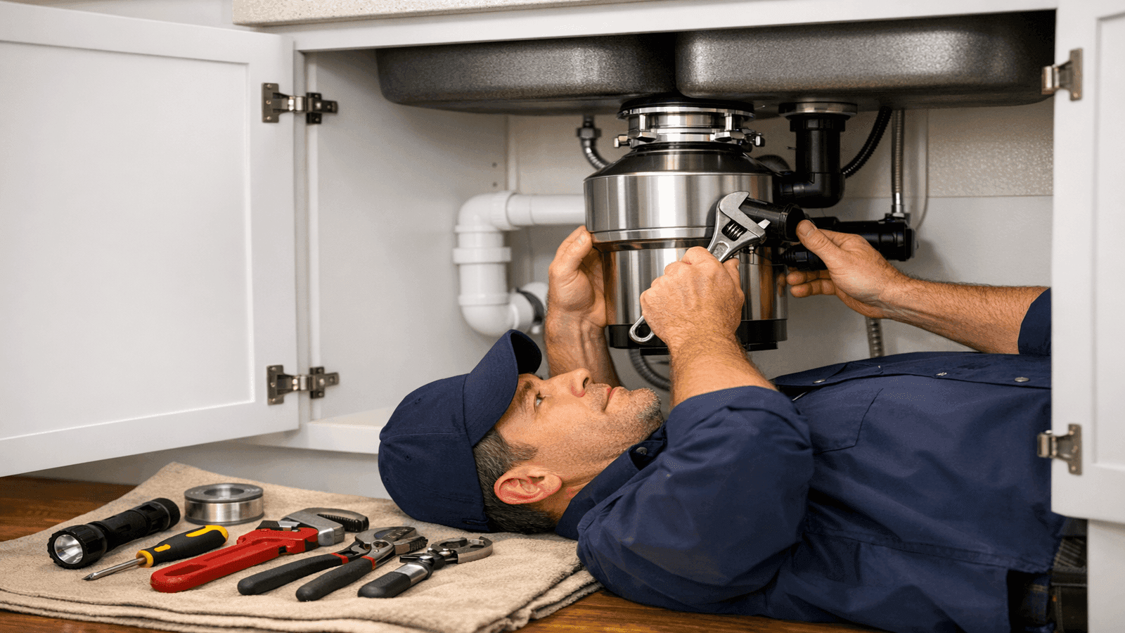 Licensed plumber installing a stainless steel garbage disposal unit under a kitchen sink, connecting drain lines and electrical connections