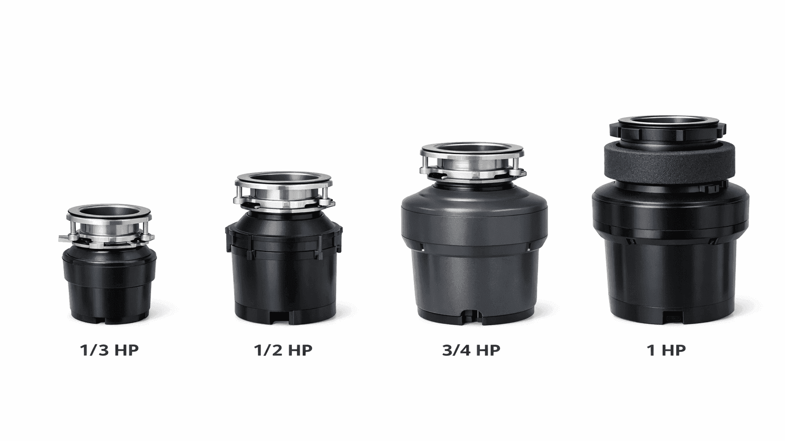 Four garbage disposal units side by side representing 1/3 HP, 1/2 HP, 3/4 HP, and 1 HP models for household size comparison