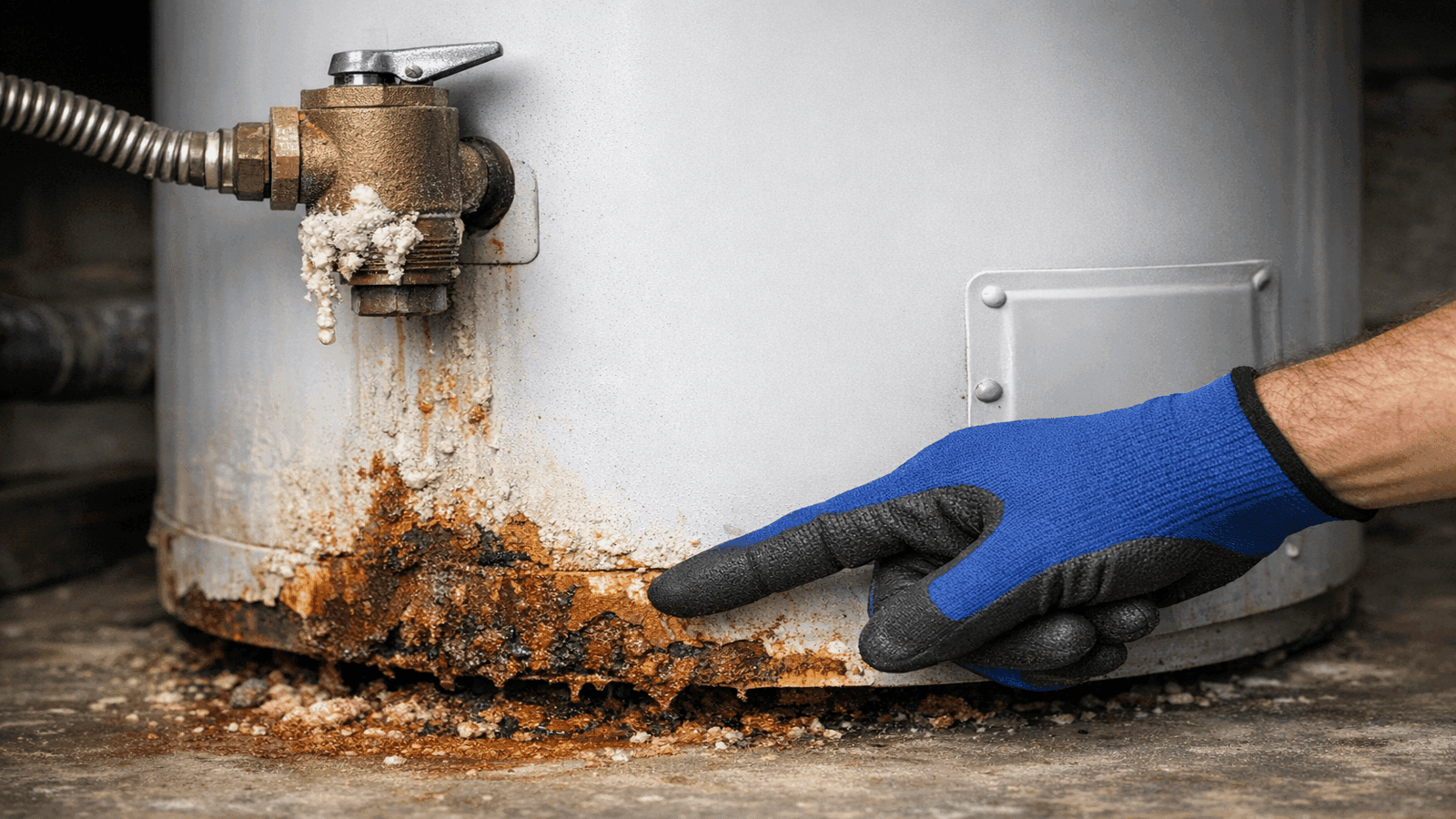 Corroded and rusted water heater base showing signs that indicate replacement is needed