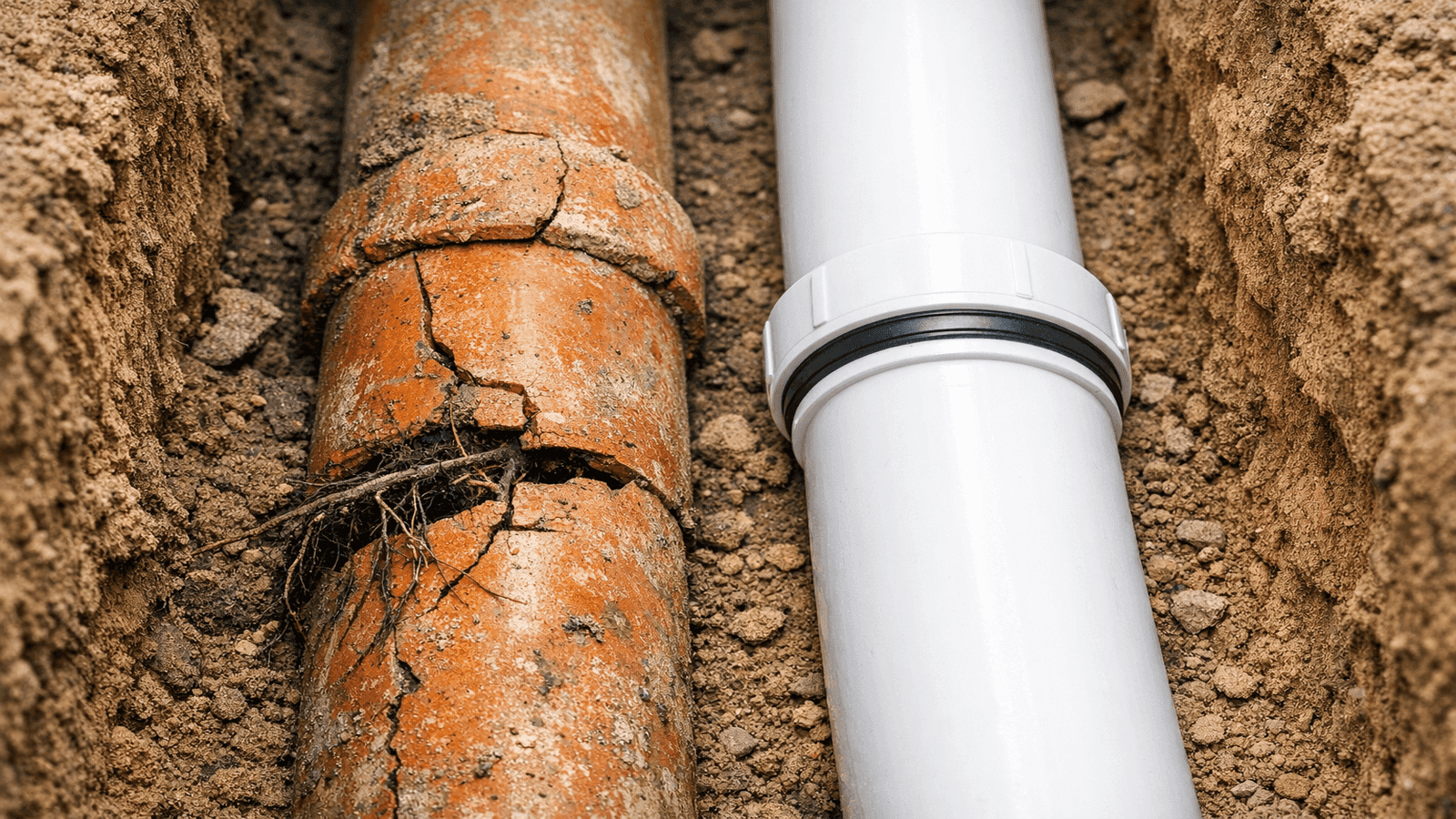 Comparison of deteriorated clay sewer pipe next to new white PVC replacement pipe inside an excavated trench