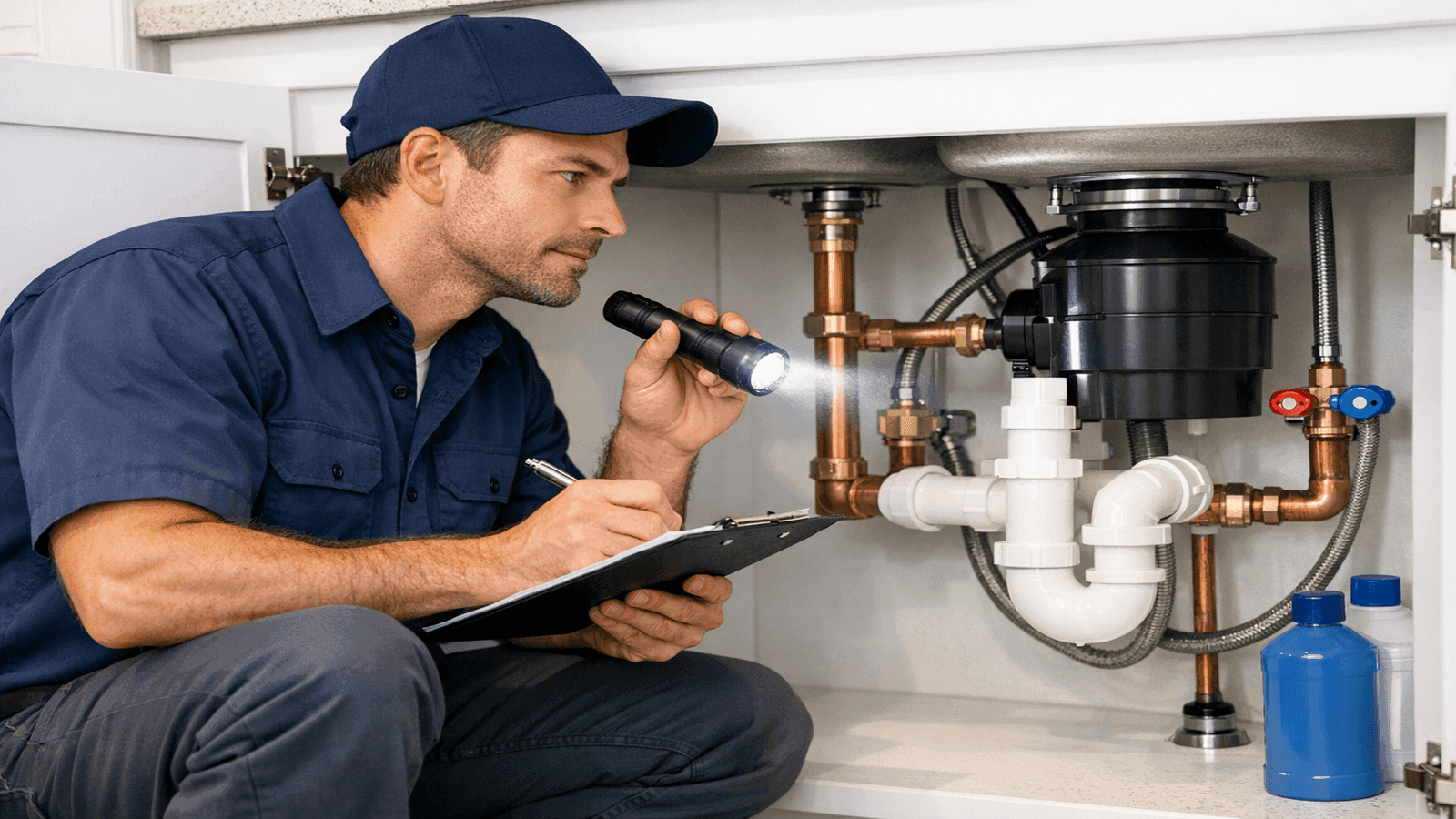 Licensed plumber performing a visual inspection under a kitchen sink, checking pipes and connections with a flashlight