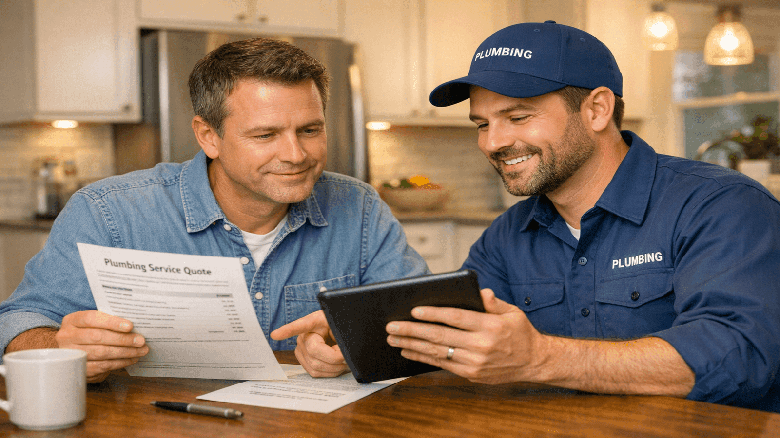 Homeowner reviewing drain cleaning service quote with licensed plumber