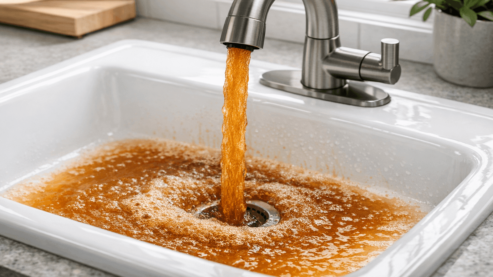 Rusty brown discolored water running from kitchen faucet indicating corroded pipes that need repiping