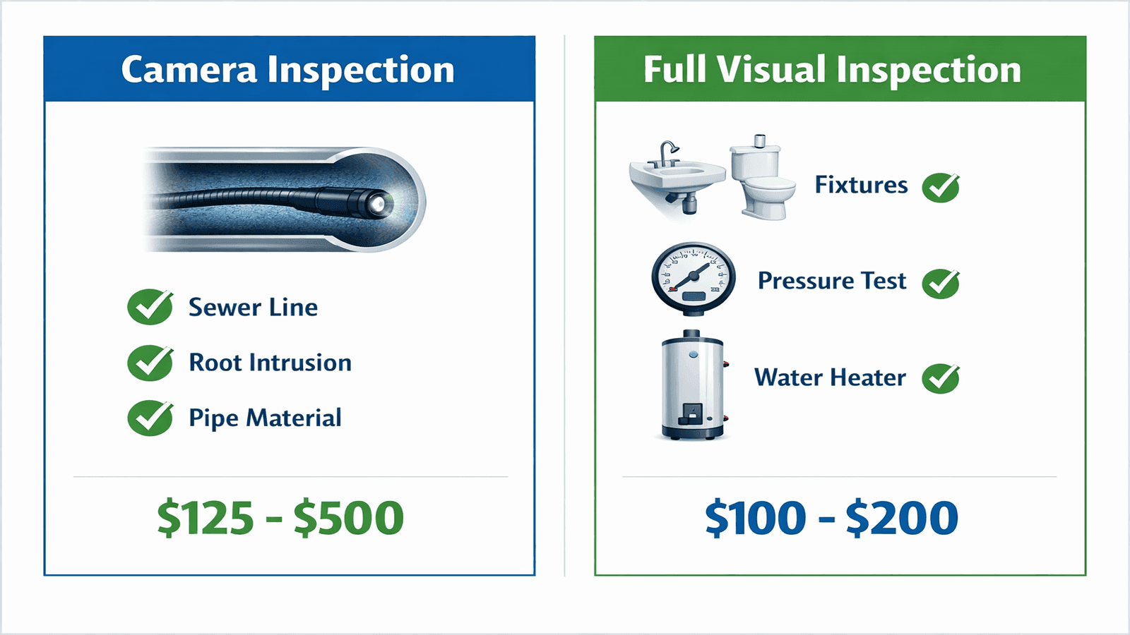 Split infographic comparing sewer camera inspection vs full visual plumbing inspection with checklist icons and cost ranges