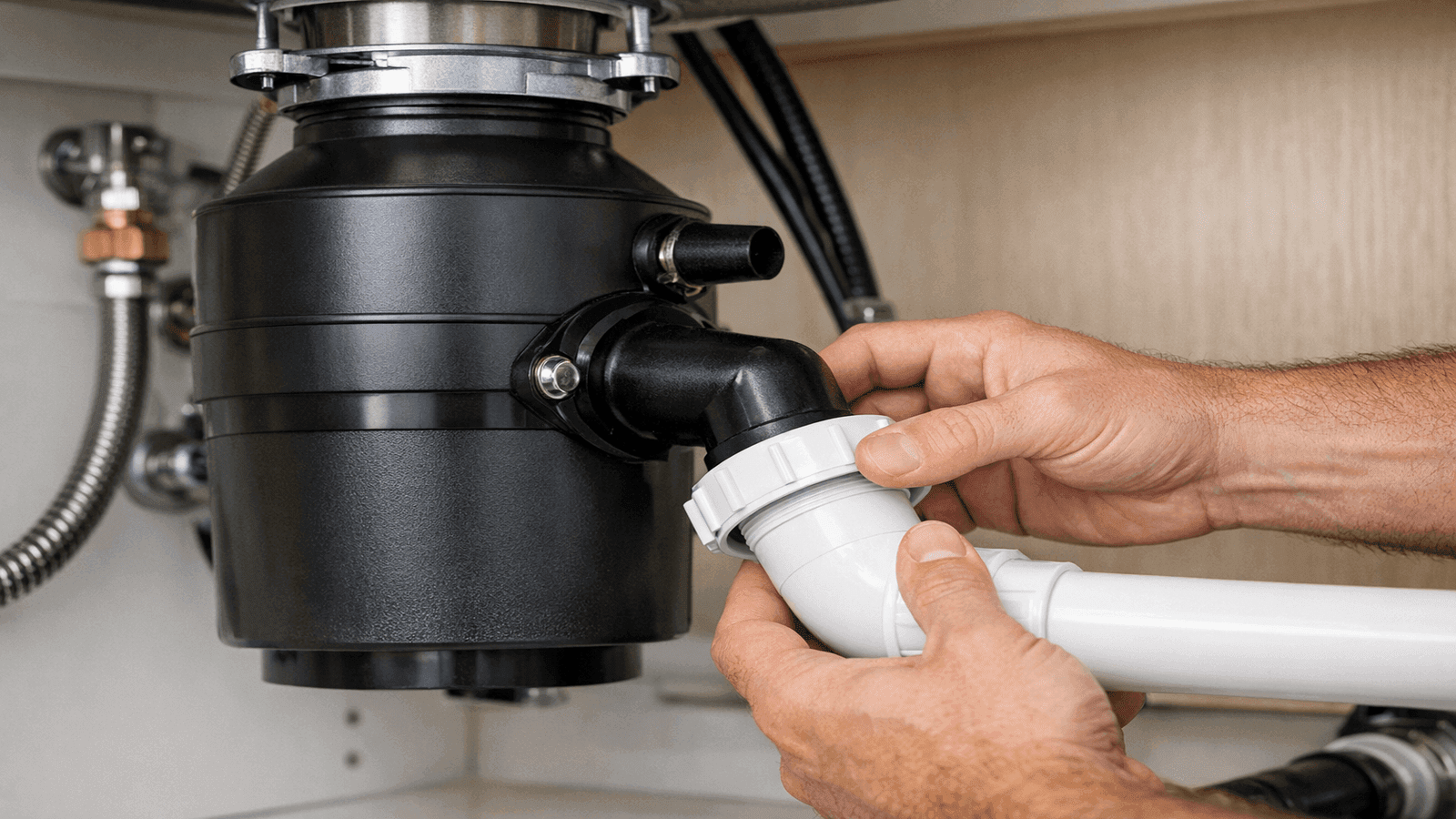 Plumber connecting a white PVC drain line to a newly installed garbage disposal unit under a residential kitchen sink