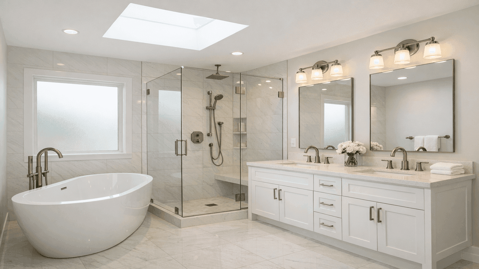 Finished primary bathroom with double vanity, freestanding soaking tub, and glass-enclosed shower representing $8,000 to $15,000 in plumbing installation