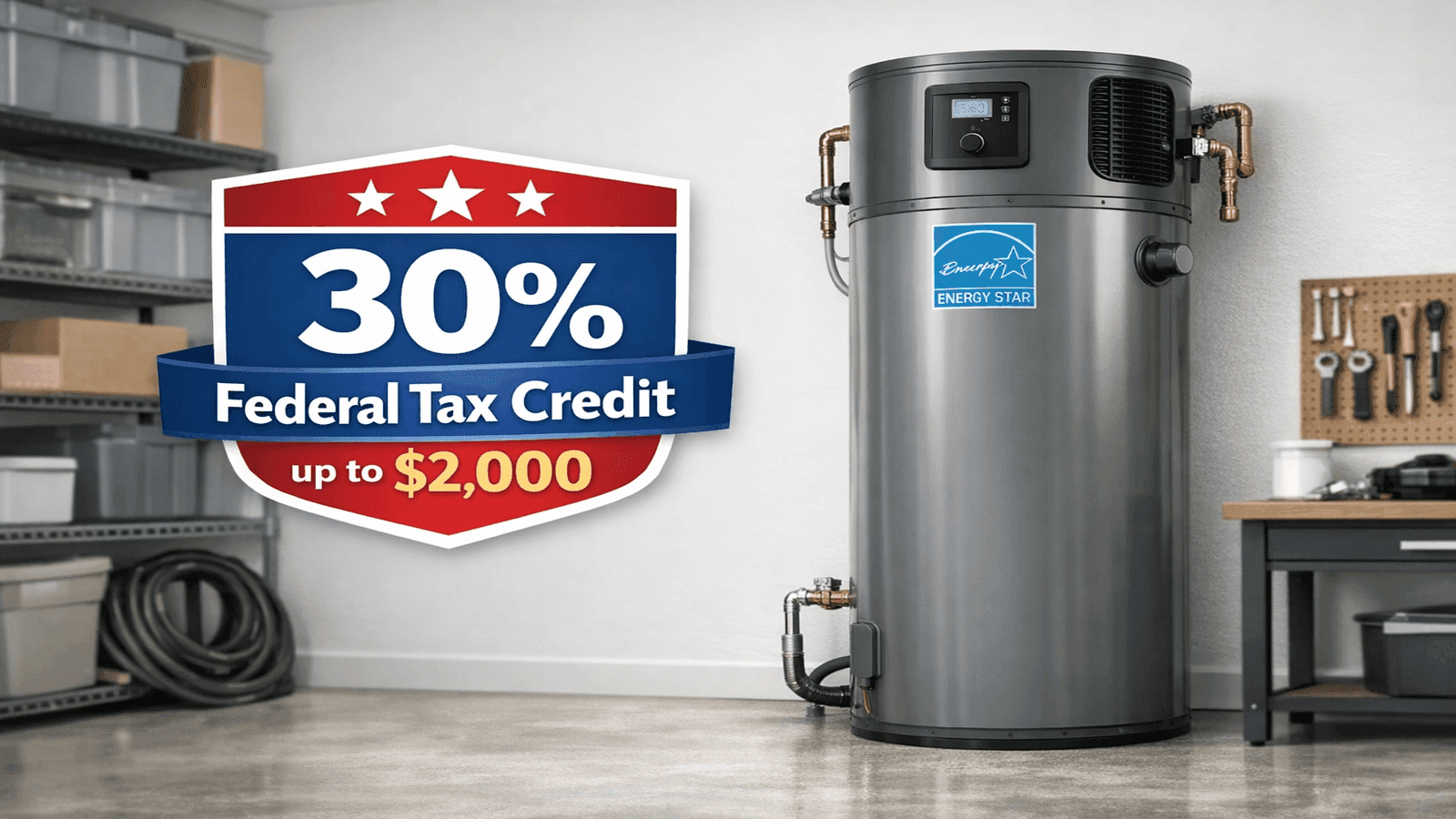 Heat pump water heater with 2026 federal tax credit badge showing 30 percent credit up to $2,000