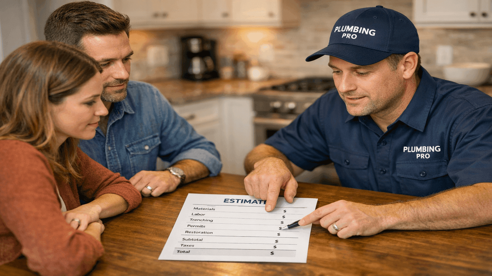 Homeowner and licensed plumber reviewing an itemized sewer line replacement quote at a kitchen table