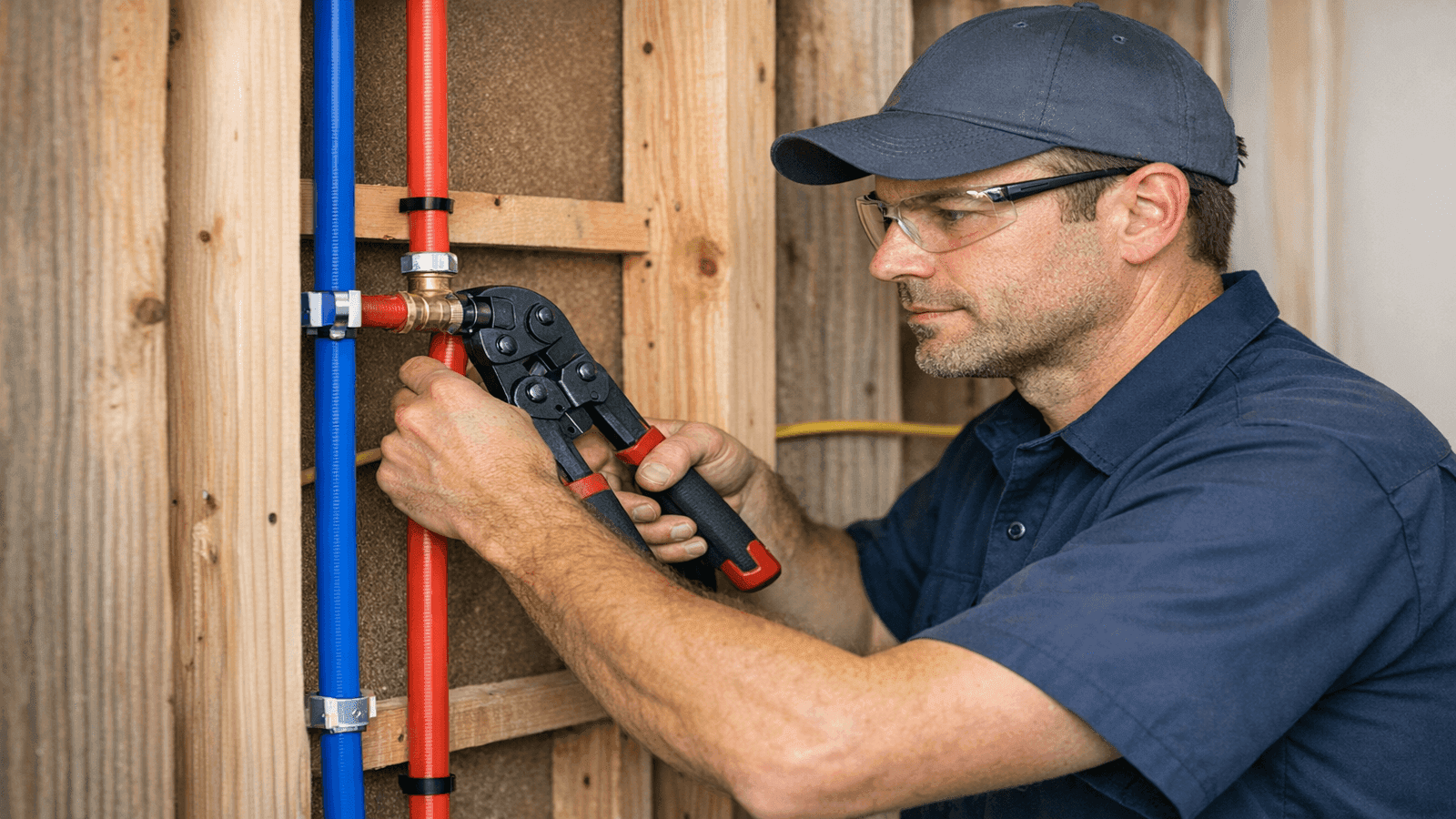 Licensed plumber installing flexible PEX pipe through wall studs during whole house repiping project