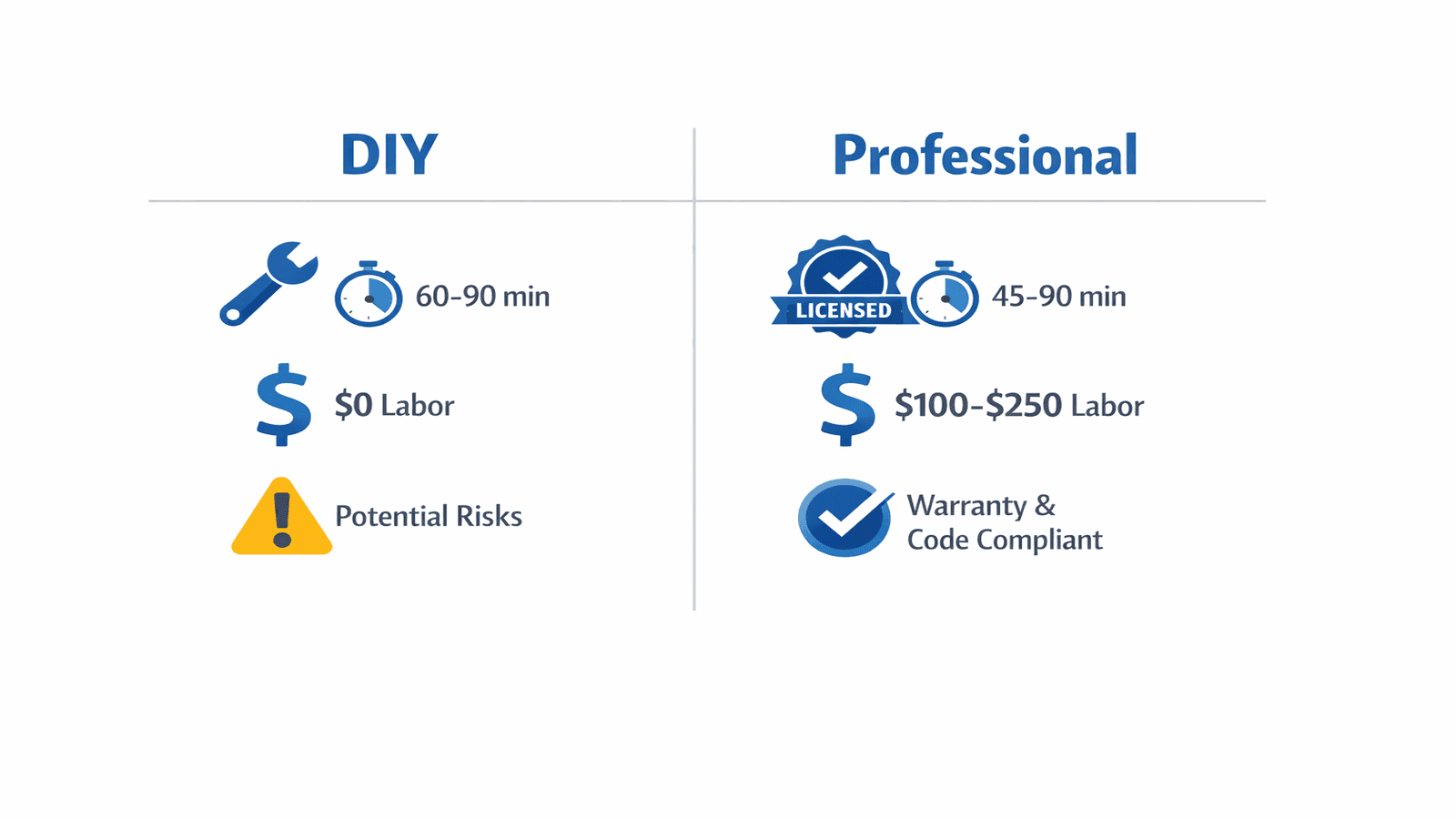 Infographic comparing DIY garbage disposal installation versus professional installation across cost, time, tools required, and warranty coverage